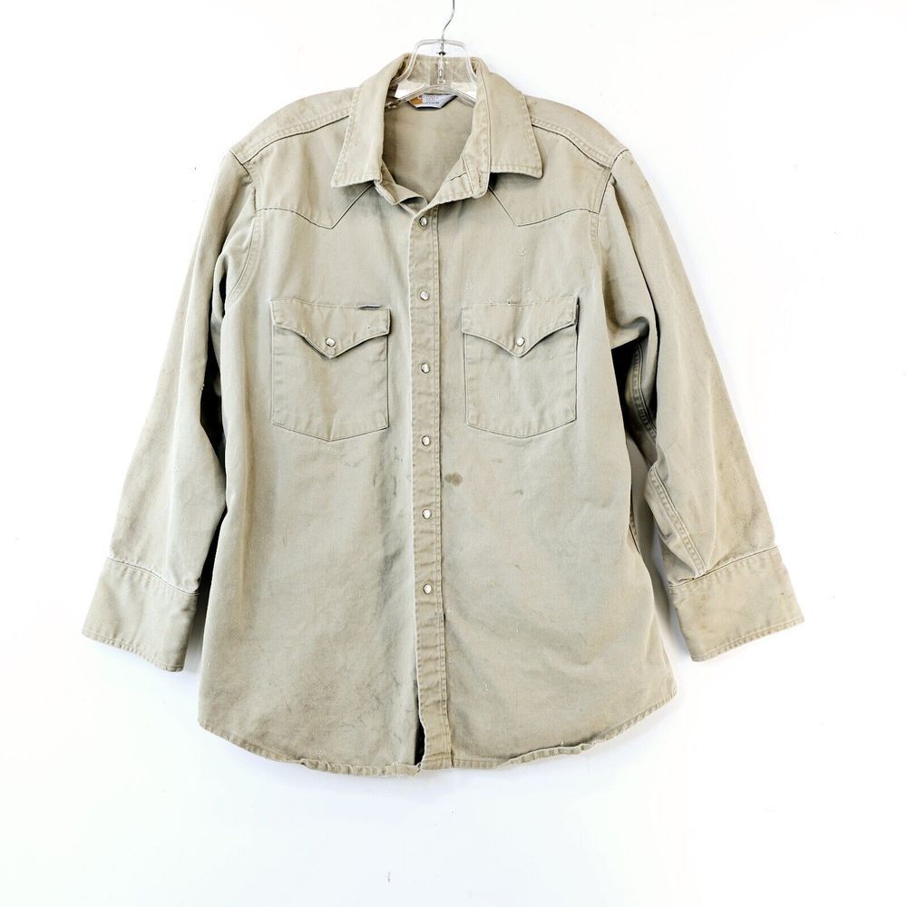 Carhartt Work Shirt Men's Medium Khaki Heavy Durable Rugged‎ Outdoor Pearl Snap